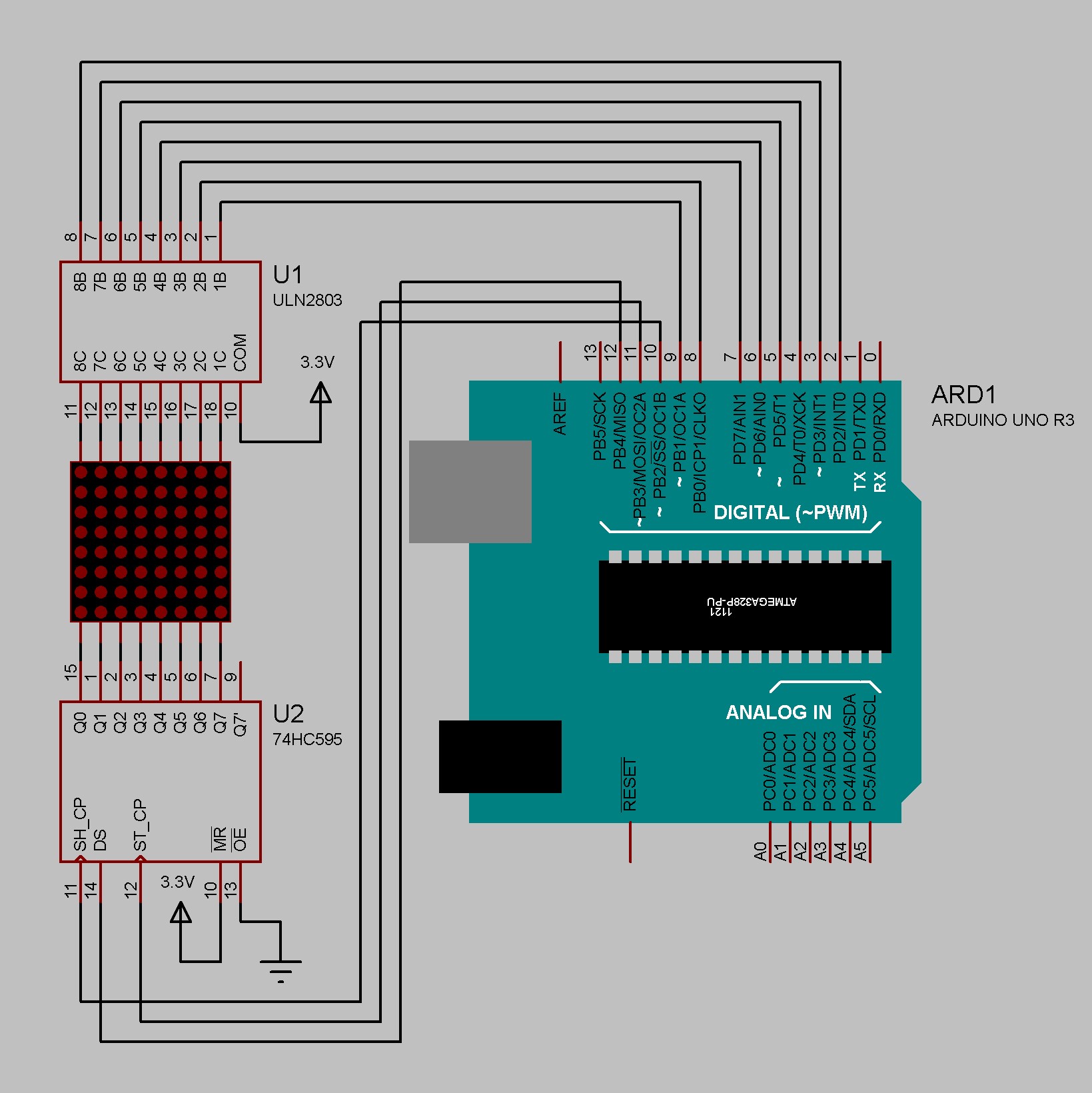 Arduino 8x8 Led Matrix Freeform Circuit Design Uln2803apg 74hc595n