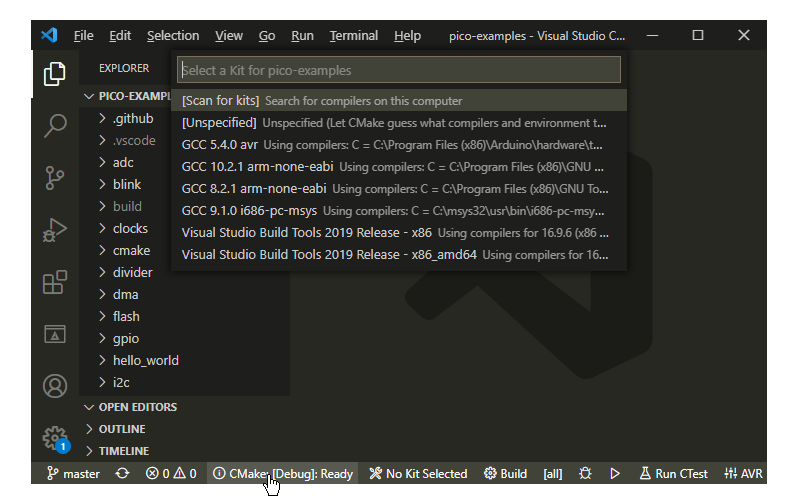 Click on CMake in Bottom Bar to Select Kit for pico-examples