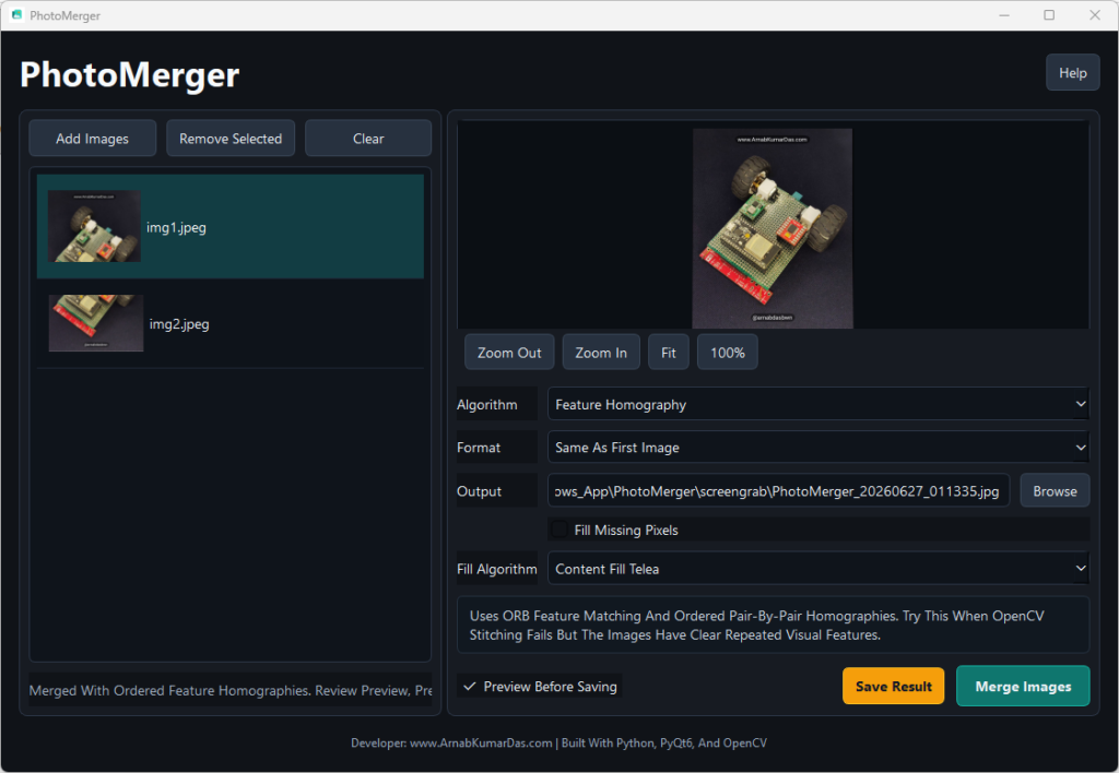 PhotoMerger App for merging overlapping images into one.